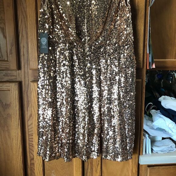 NWT Vince Camuto Sequin V-Neck Blouson Fit & Flare Dress Rose Gold Plus Size 14W - Picture 9 of 12